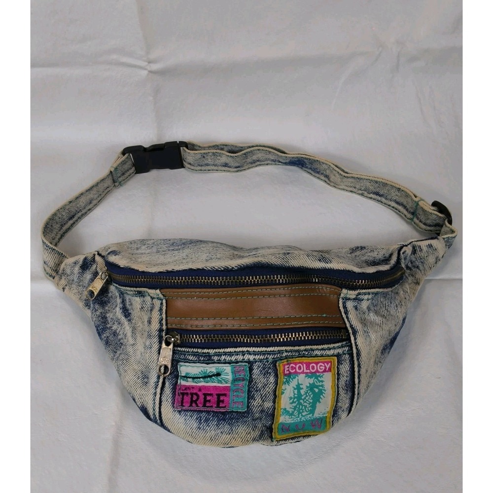 Vintage Acid Wash Denim Fanny Pack Neon Tree Ecology Patch Waist Bag 80s 90s